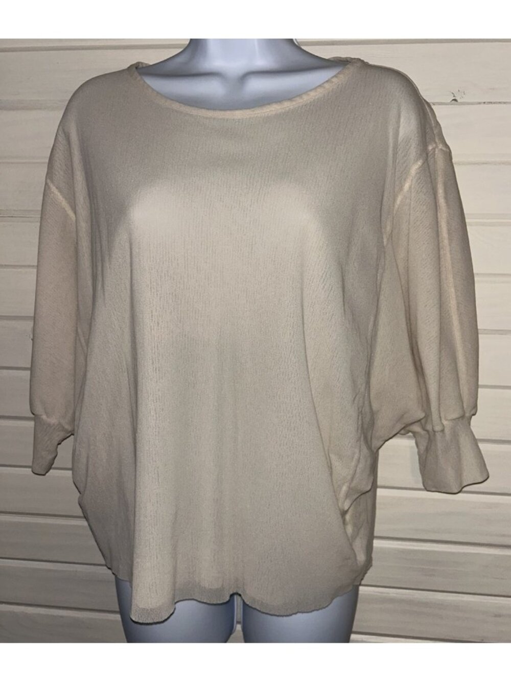 VTG Y2K Sweet Pea Sz SMALL Beige Nylon Mesh Semi-Sheer Dolman Sleeve Top EUC